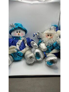 Snowman & Santa Plush Set With Blue Sequin Outfits & Silver Accents By Sun Point